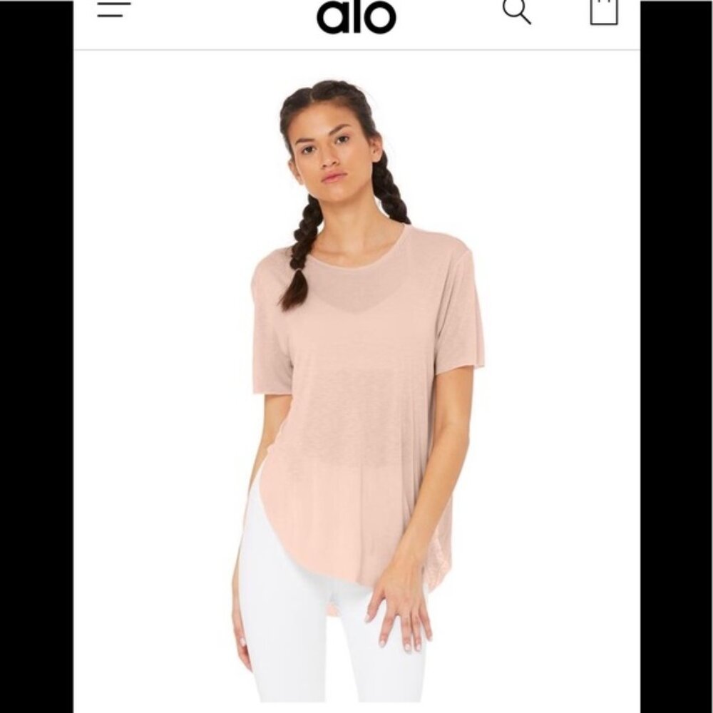 Alo Yoga Lithe Tee Putty Curved Raw Hem Oversized Top Side Slits Women’s XS